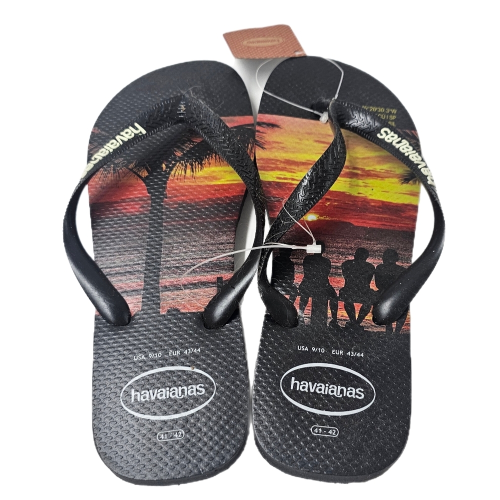 Havaianas Hype Massaguacu Beach Sunset Graphic Flip Flops Black Sz 41/42 NWT